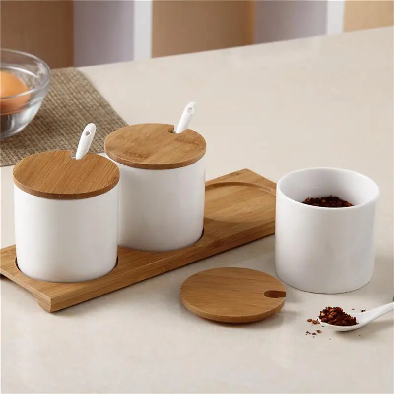 Керамический горшок для приправ деревянная крышка соль сахар специи перец