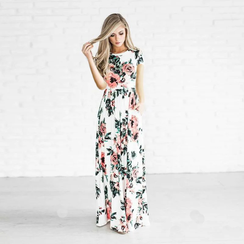 

Summer 2020 new bohemian beach dress floral print ladies sexy bohemian short sleeve pocket