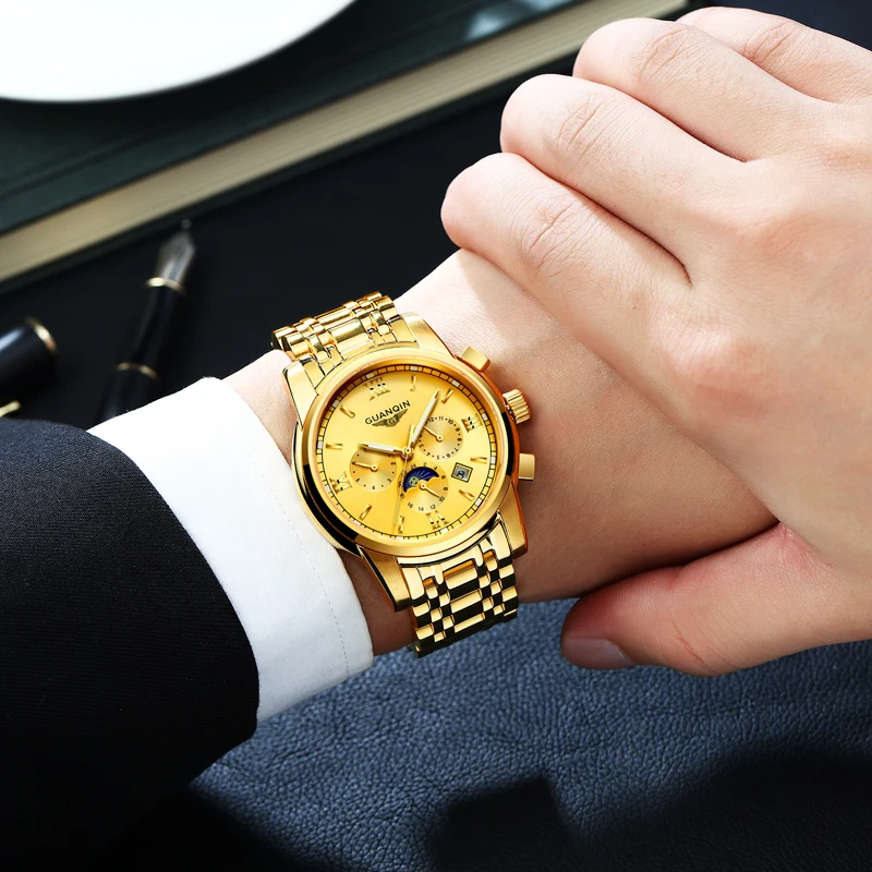 

GUANQIN Brand Automatic Tourbillon Watch Luxury Men Business Stainless Steel Mechanical Wristwatch Gold Luxury Male Clock