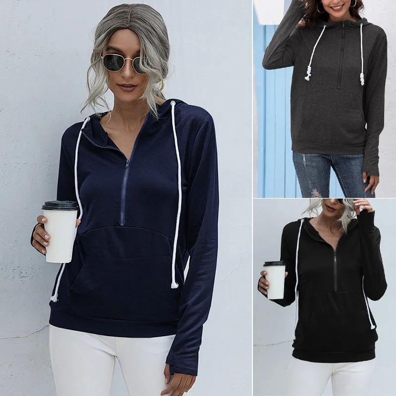 

Kili Women Autumn Long Sleeve Half Zipper Solid Sweatshirt Drawstring Hoodies Casual Loose Pullover with Pocket