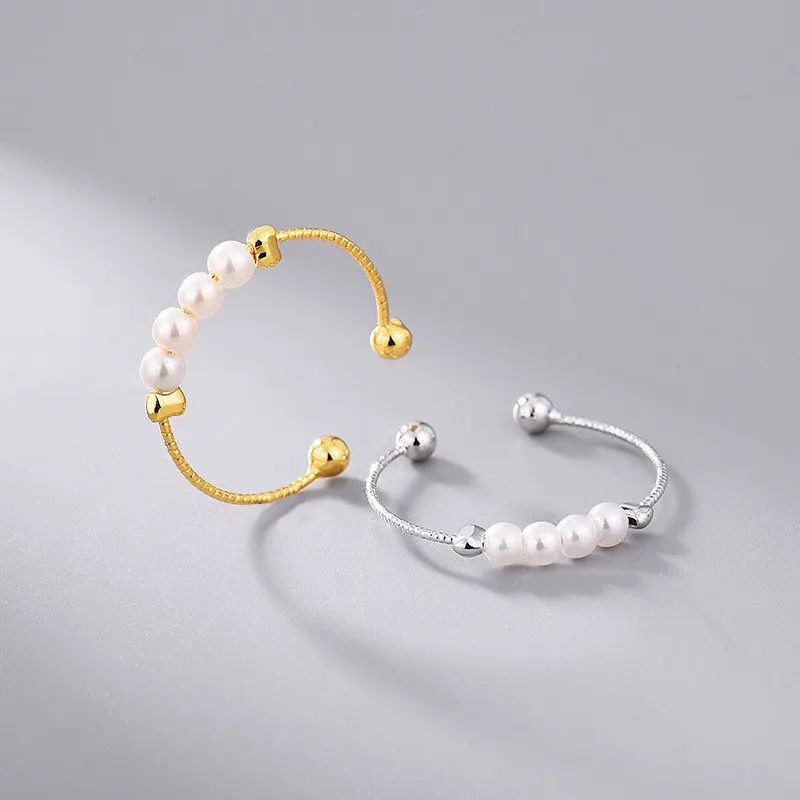 

Korean Version of The Row of Pearl Rings Cold Wind S925 Silver Small Exquisite Light Luxury Open Pearl Ring Jewelry