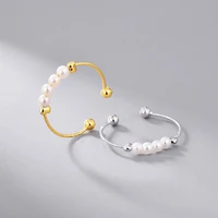 korean version of the row of pearl rings cold wind s925 silver small exquisite light luxury open pearl ring jewelry