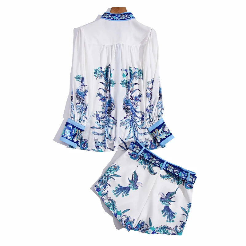 

Fashion Designer Spring Summer New Women Sets Lantern Sleeve Loose Shirt + Belt Casual Shorts Printed Elegant Two-Piece Suit