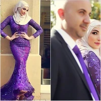 purple arabic muslim evening dresses crew lace appliques beads crystals long sleeve party dress floor length mermaid gowns