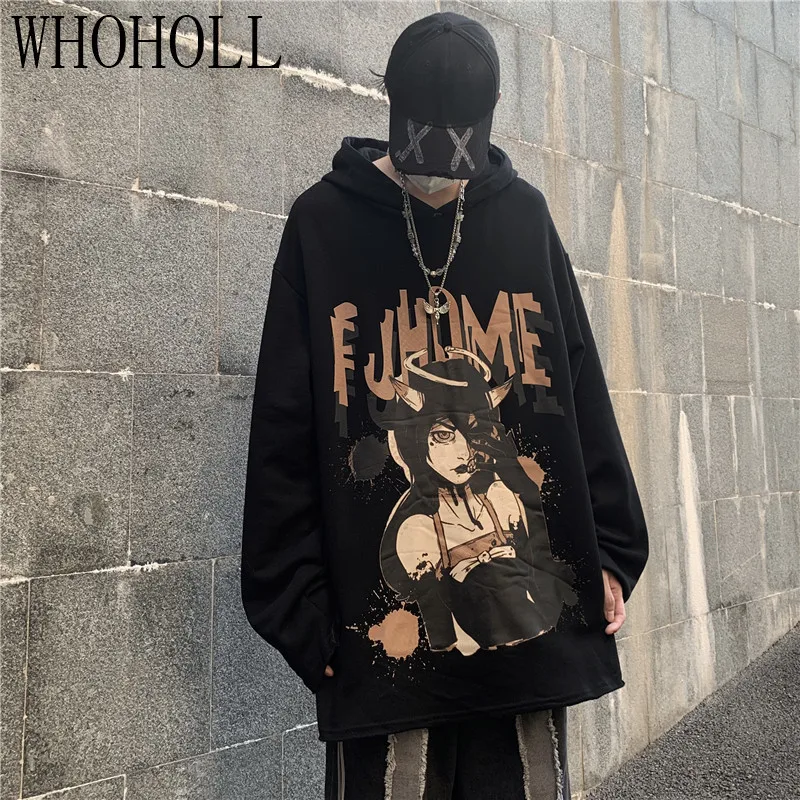 

Женские толстовки в готическом стиле панк, новинка 2021, темный Длинный свободный свитер с капюшоном и мультяшным принтом для девочек, уличны...