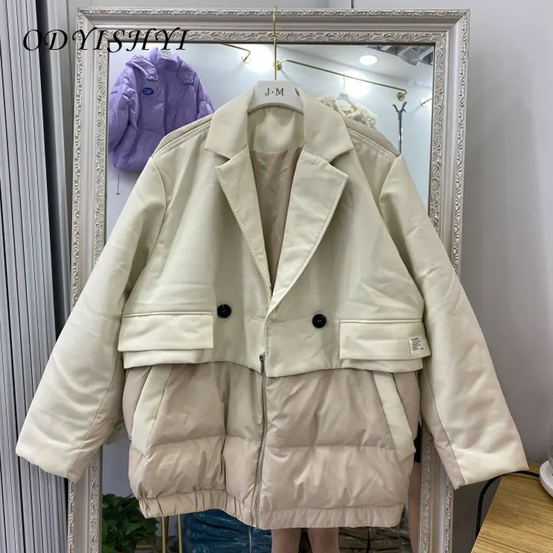 

Новинка 2021, зимнее женское пуховое пальто, комбинированное, из двух частей, толстое теплое пальто с отворотом, Свободная Женская куртка с бе...