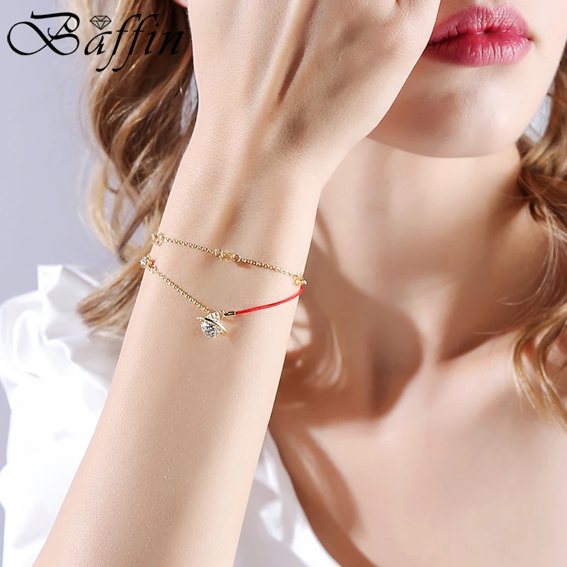 Красная веревка на удачу цепи браслеты с кристаллами горный хрусталь золото цвет