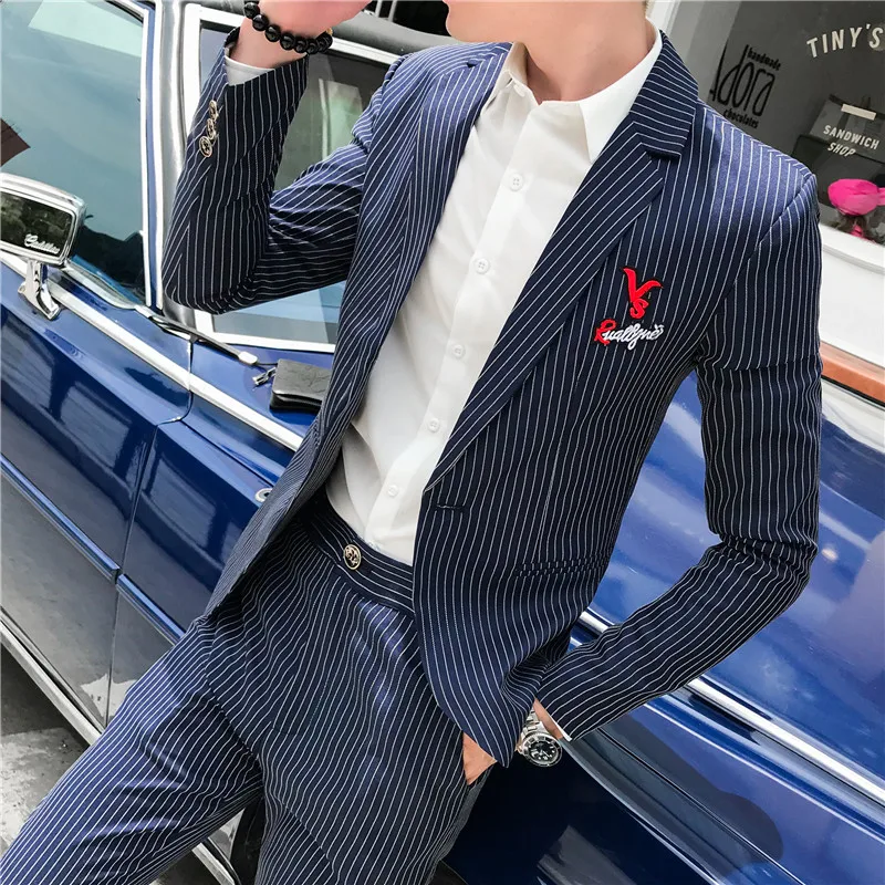 2019 autumn men's single button business casual suits Men's fashion embroidery letter suit two-piece blazer + pants | Мужская