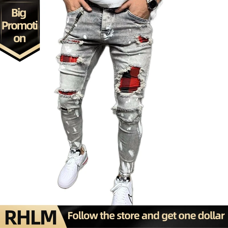【RHLM】 2021 Новый Для мужчин Slim Fit Рваные джинсы разрисованная в стиле и нашивками