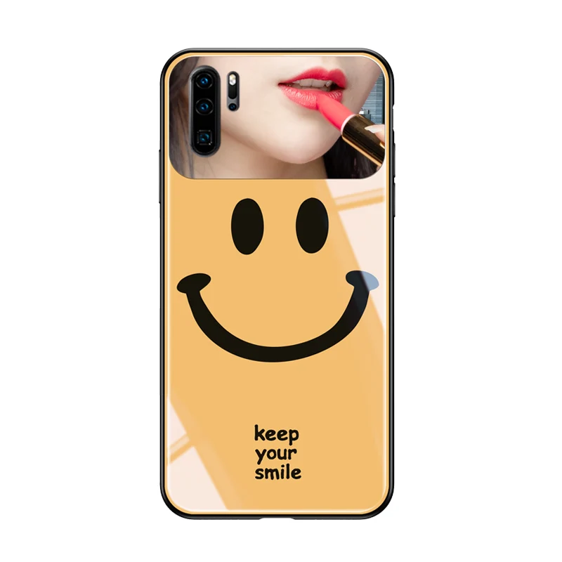Стеклянный чехол со смайликом для Huawei P30 P40 pro зеркальный ремешок макияжа mate 20 30 nova