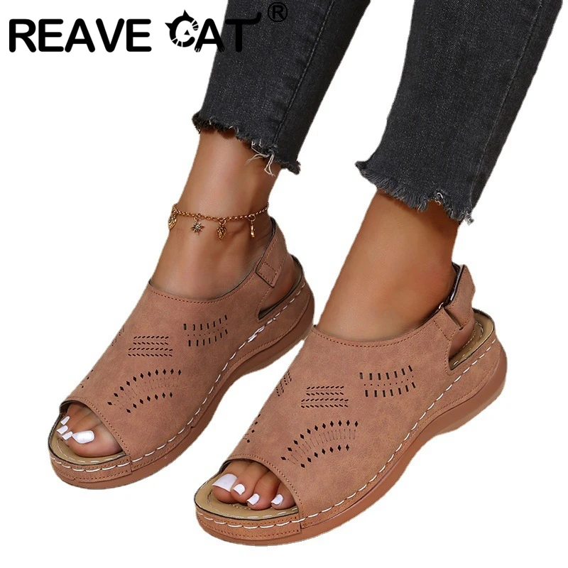 

REAVE CAT 2022 New Women Rome Sandals Round Toe Thick Heel Hook&Loop Hollow Casual Big Size 35-43 Green White Black Summer S3145