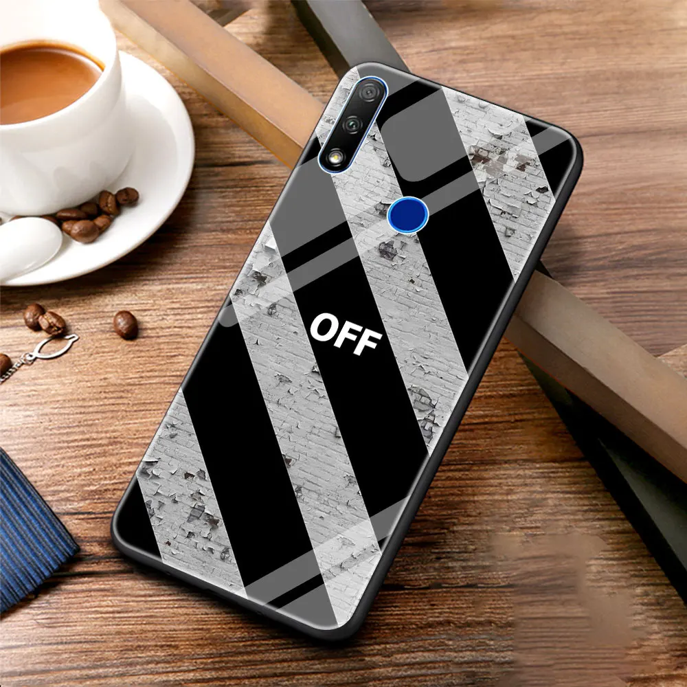 

OFF Ow White Phone Case Cover for Honor 8X 9X Pro 10 20 30 Lite Plus Luxury Tempered Glass Soft Edge Shell Funda Coque