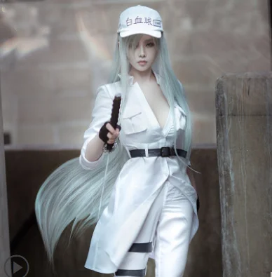 

Cells at Work Black White Blood Cell Costume CODE 1196 Women White Suit Anime Uniform With Halloween Hat Cap