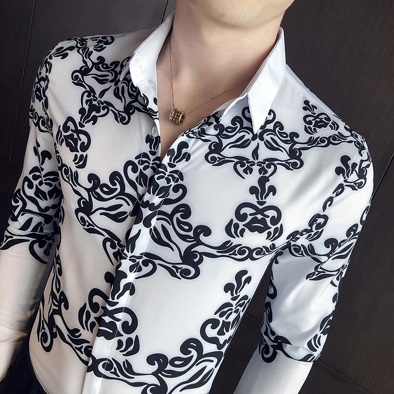 Мужская приталенная рубашка в стиле барокко черная или белая Повседневная с