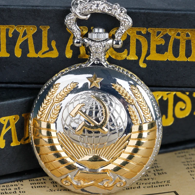 

USSR Soviet Badges Sickle Hammer Pocket Watch Necklace Bronze Pendant Chain Clock Fashion Women Men Souvenir Multi Color
