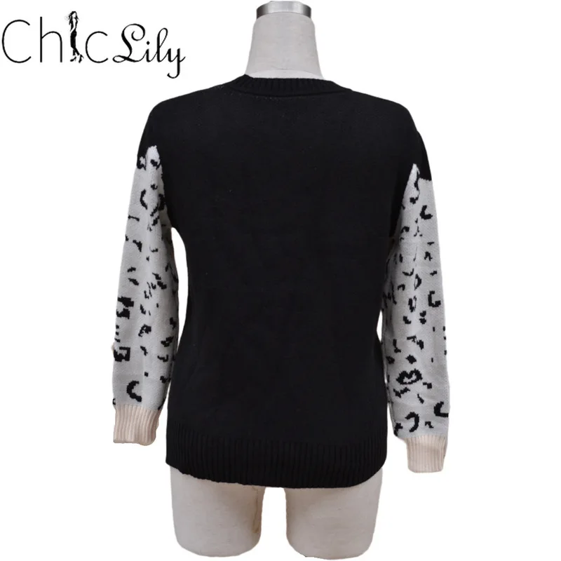 

Chiclily Autumn Knitted Sweater for Women Leopard Pattern Long Sleeve Sweaters Pullovers Female 2020 Winter Loose Jumper