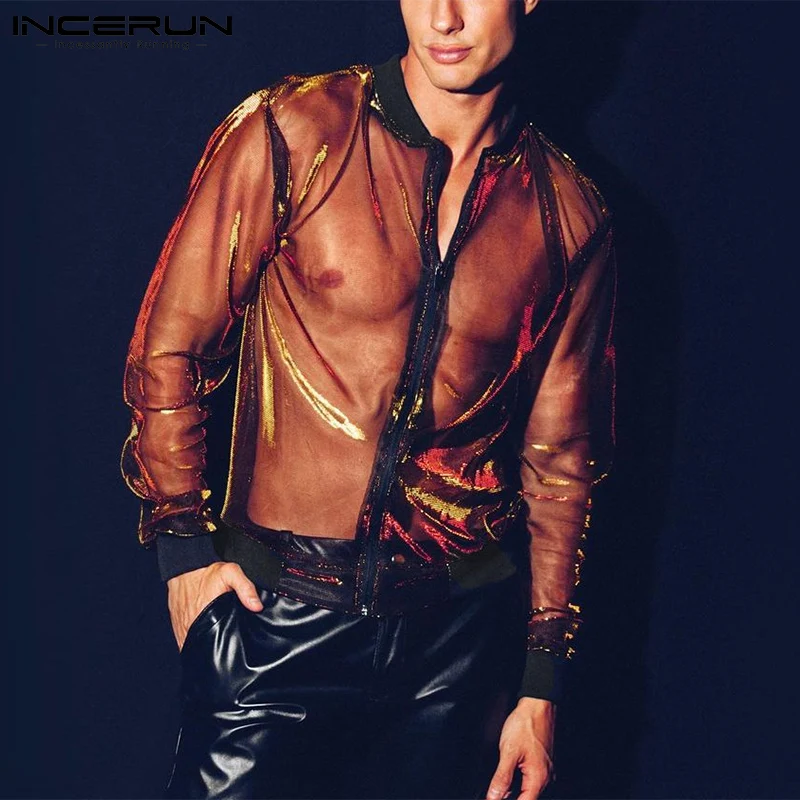 

Рубашка INCERUN мужская с длинным рукавом и молнией, прозрачная пикантная уличная одежда в стиле пэчворк, вечерняя одежда для ночного клуба, 2021
