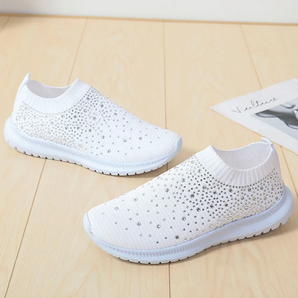 Женские кроссовки без застежки повседневные блестящие носки прогулочная обувь