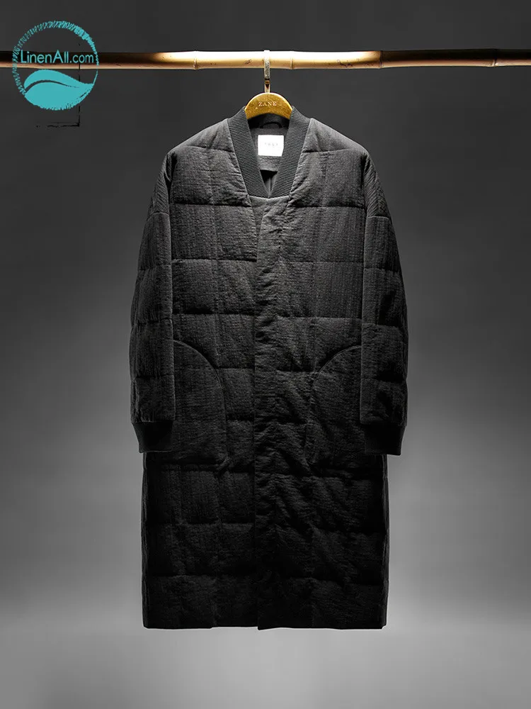 

LinenAll Men's cotton standing collar down jacket long winter warm coat simple and versatile