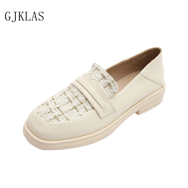 

Beige Black Low Heel Shoes Woman Plus Size 42 43 Loafers Women Low Heels Fashion Round Toe Slip on Shoes for Women Chunky Heels