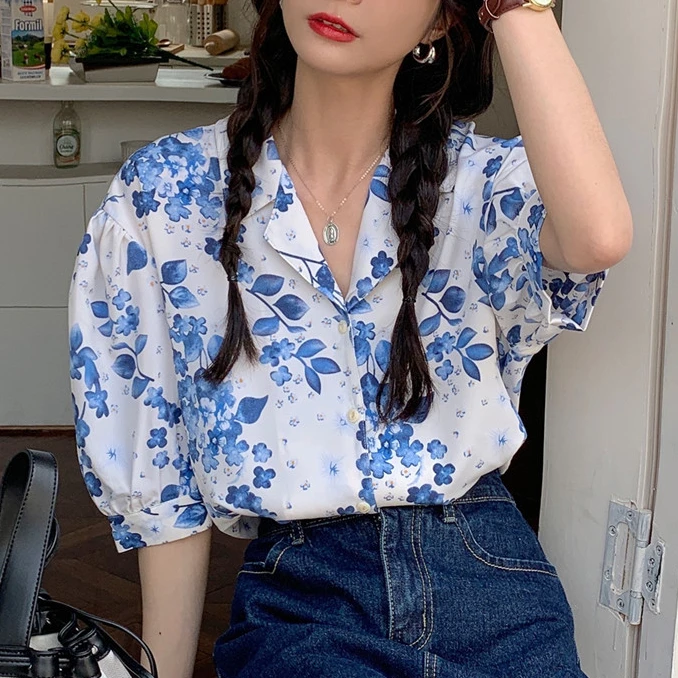 

Рубашка женская с пышными рукавами, однобортная Свободная Повседневная рубашка с воротником в стиле ретро, в Корейском стиле, лето 2021