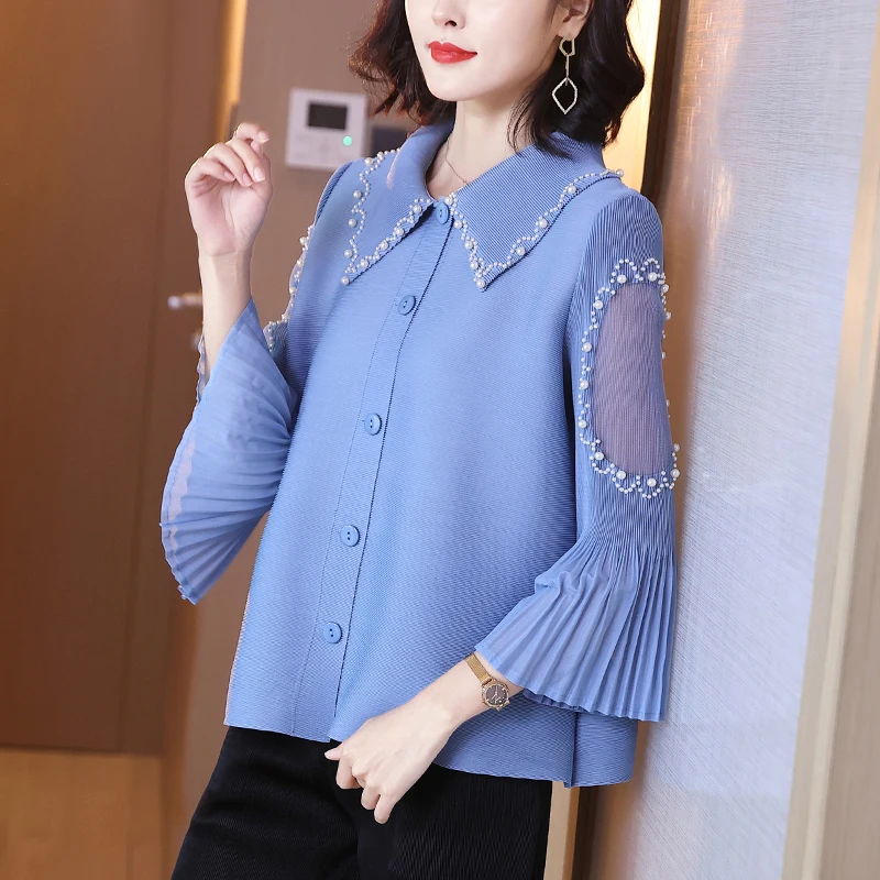 

Plus Size Tops For Woman 45-75kg 2021 Spring Fashion Beading Flare Sleeve Turndown collar Big Stretch Miyake Pleated top