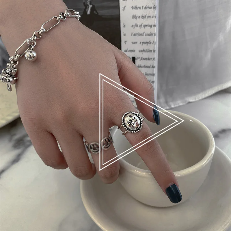 

Trendy New Vintage Thai Silver Ring English Letters Good Luck Index Finger Ring Street Shot Ins Ornament