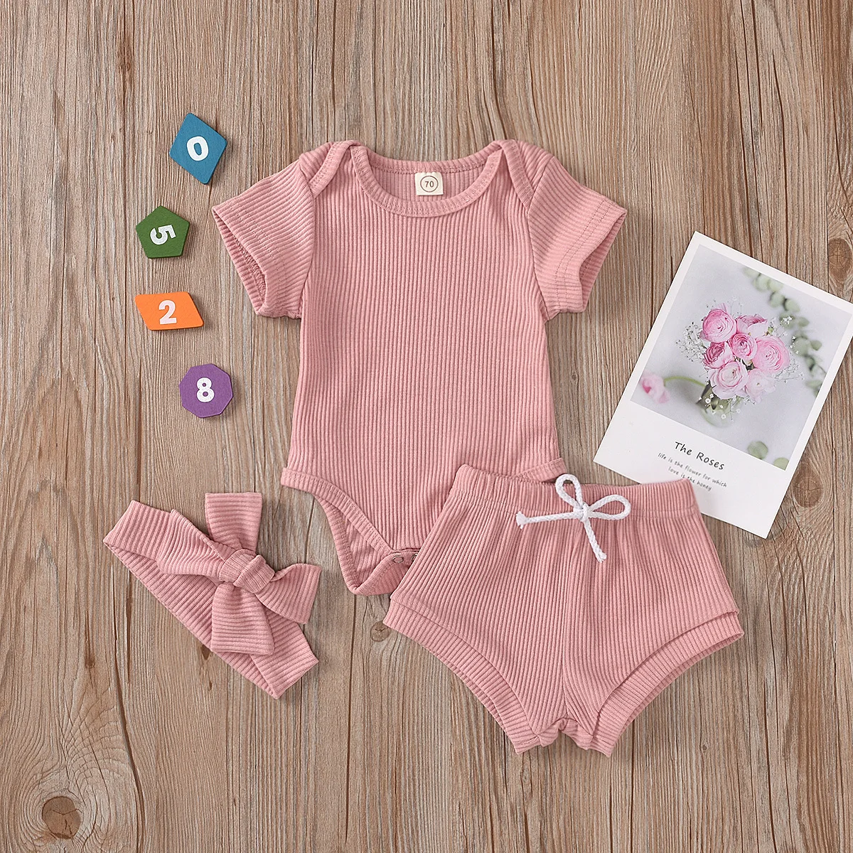 

Children Summer baby girl clothes Ribbed romper and shorts 3pcs set cotton plain outfit kids