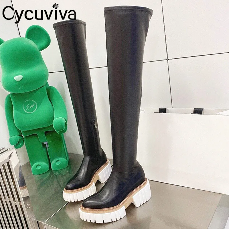 

New Stretch Over The Knee Boots Women Thick Sole Long Boots For Women Plarform Black Leather Women Boots High Heel Dress Booties