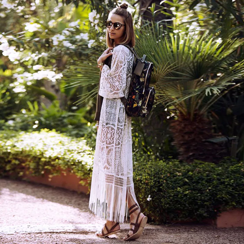 Lace Long Section Beach Dress Tassel Bikini Tunic Polyester Sun Protection Cardigan Female Swimsuit Outer Cover Ups For Woman