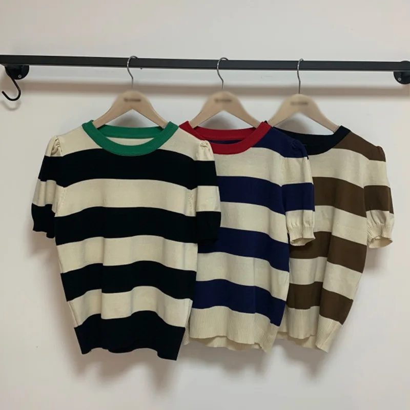 

Korean Style Round Neck Stripe Top Summer T Shirt Simple Short Sleeve Women Slim and Versatile Bubble Short Sleeve Knitted Top