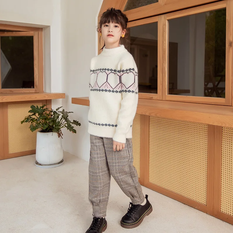 

5-14 Autumn Winter Girl Clothes Fashion Striped Sweaters Children Solid Knitted Kid 2021 Plush O-Neck Casual Pullover Sweater