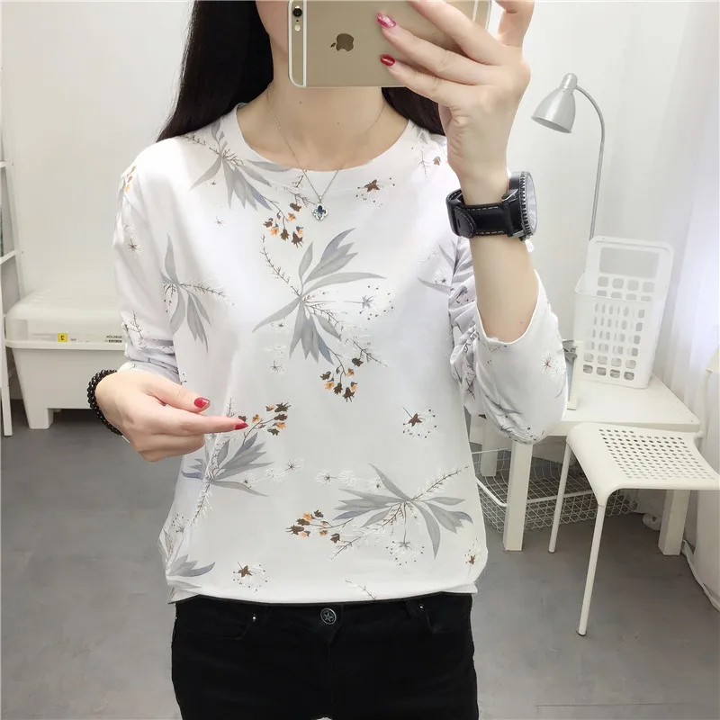 

Spring Autumn Long Sleeve T-shirt Women's Loose Bottoming T Shirt Nice New Pop Korean Floral Print T-shirts Casual Ladies Tops