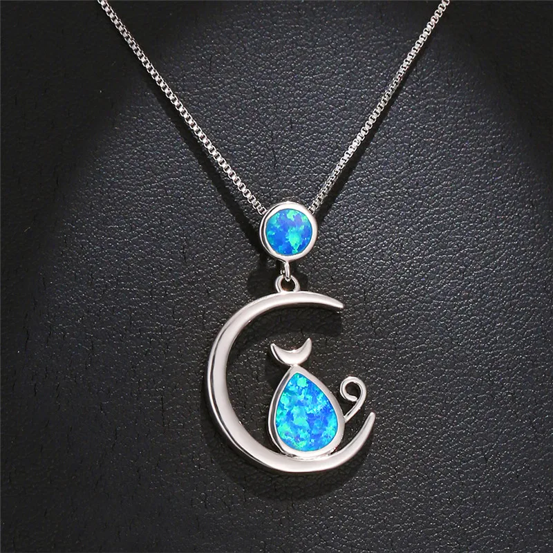 Cute Female Big Cat Moon Pendants Necklaces Silver Color Wedding For Women Boho White Blue Fire Opal Necklace | Украшения и