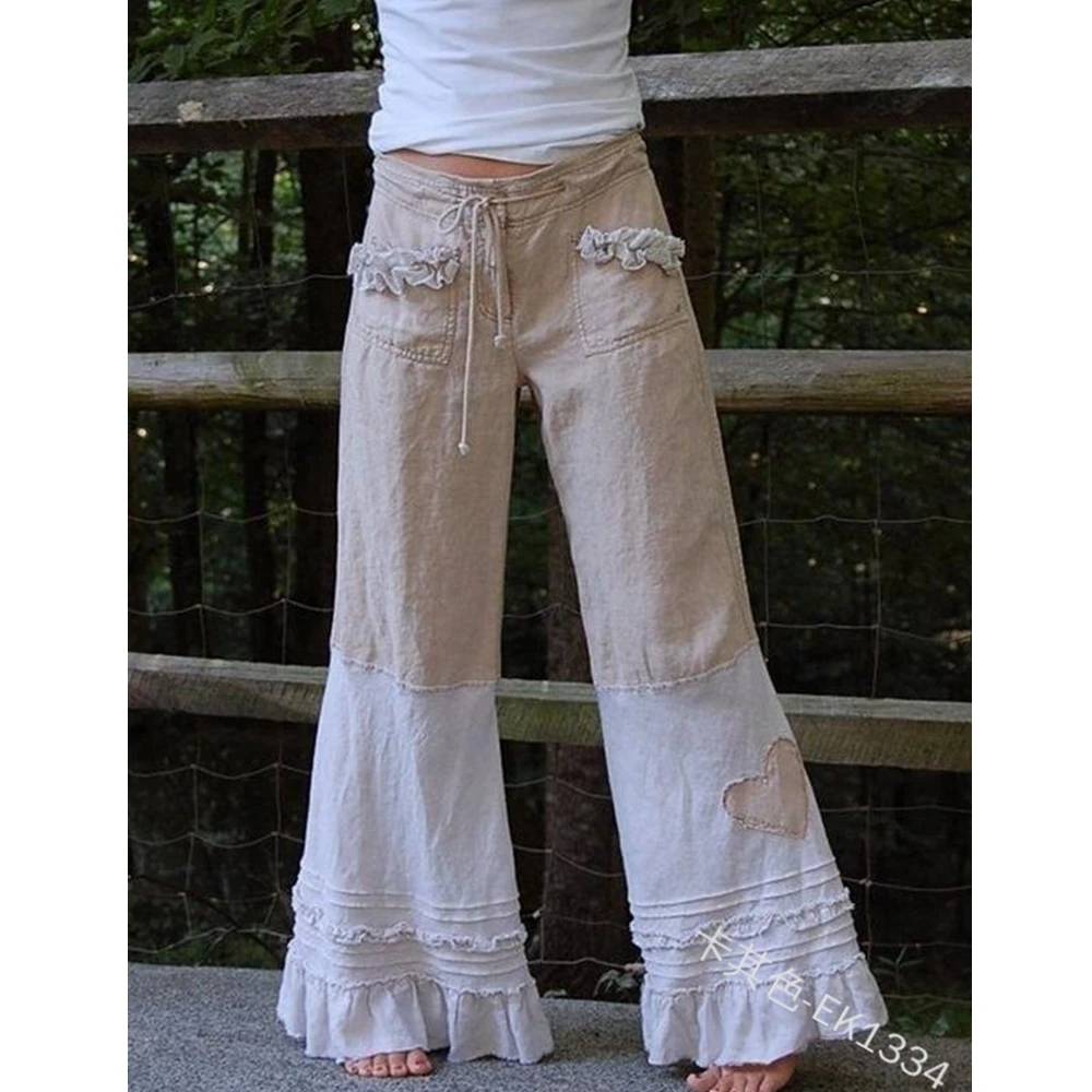 

Lugentolo Pants Women Lace Wide Leg plus size Summer New Patchwork Lace Up Casual Loose Pockets Mid Waist Full Length Pants