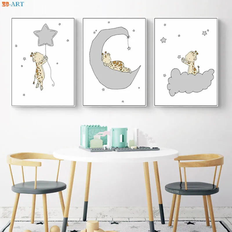 Жирафа с Луной и звездами Плакаты принты минималистское полотно настенные