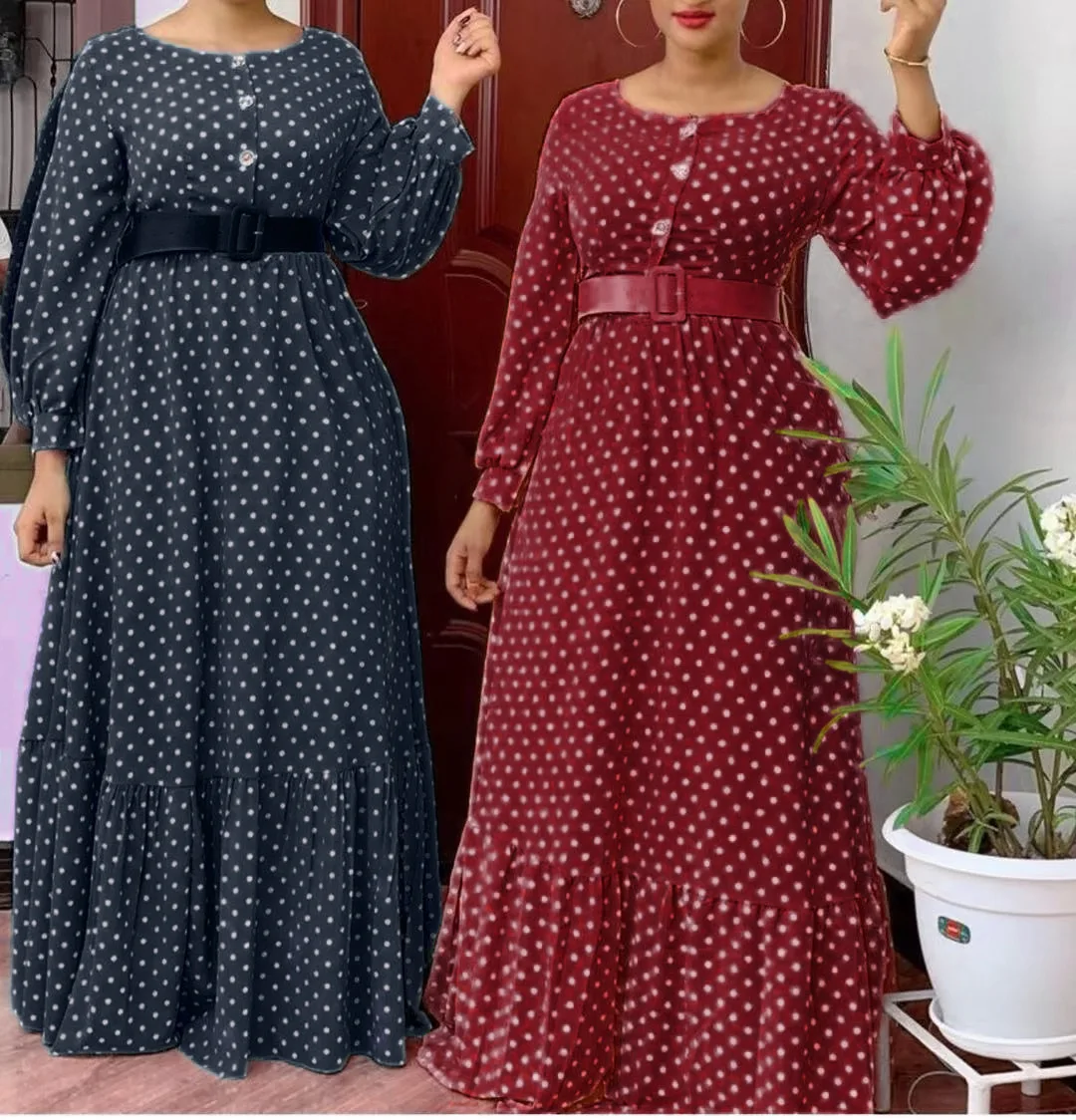 Sweet Style Maxi Dresses For Women O-neck Dot Print Africaine Femme Robe Vestidos Long Sleeve Elegant Ruffle Dress Temperament