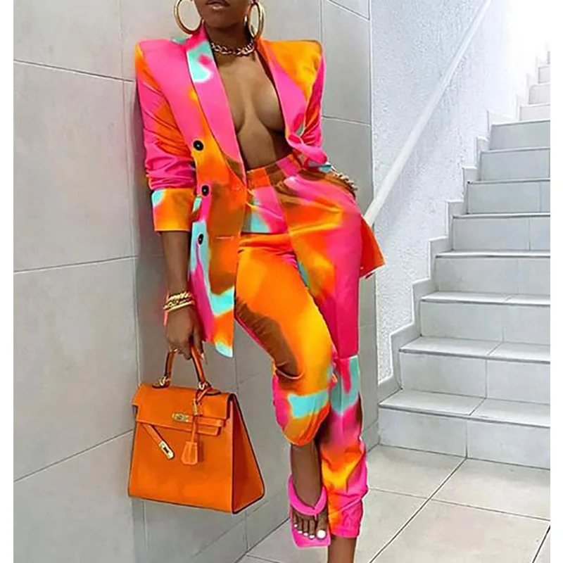 

2021 New Trendy Women Two piece set Tracksuits Colorblock Buttoned Blazer Coat & Pants Sets