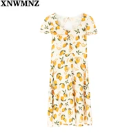 xnwmnz fashion elegant boho lemon print backless mini dress women french romantic party vacation beach elastic waist dresses