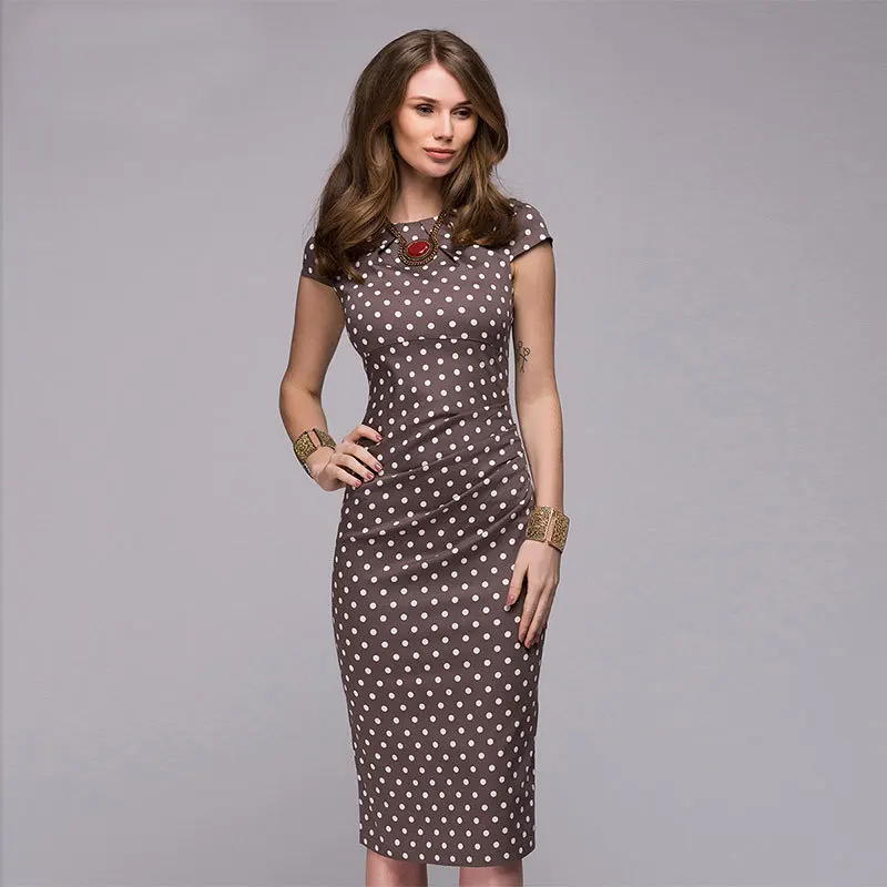Женское облегающее платье средней длины элегантное в горошек вечерние круглым