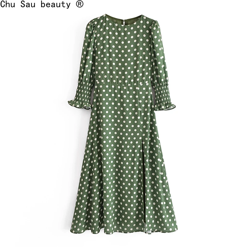 

Женское винтажное платье в горошек, длинное эластичное платье с круглым вырезом и рукавом средней длины, лето 2021