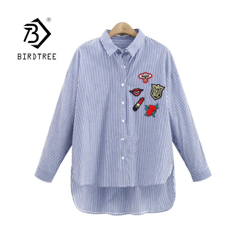 

Новинка, весенне-осенние Рубашки для женщин, большие размеры, обычные женские топы в полоску с вышивкой, корейские свободные блузы T14408X