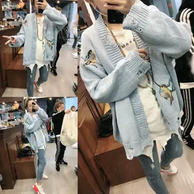 Новинка 2019 Женский вязаный хлопковый желтый свитер с вышивкой птицы Harajuku одежда