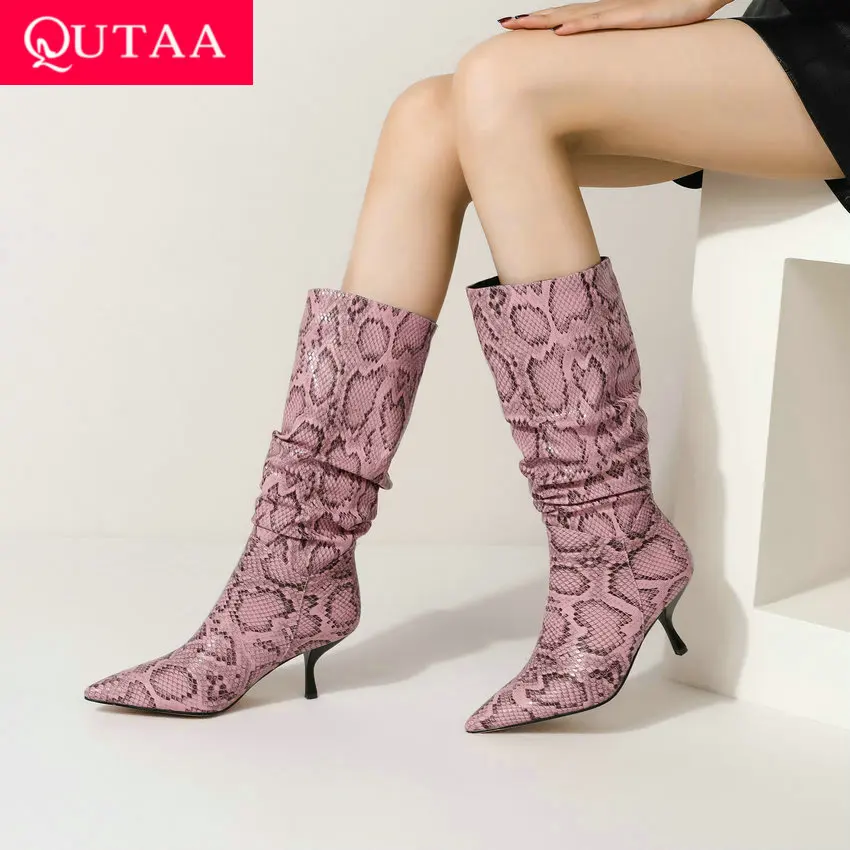 

QUTAA 2021 Thin Heel Knee High Boots Autumn Winter Pointed Toe Slip on Women Shoes Cow Leather Microfiber Long Boots Size 34-43