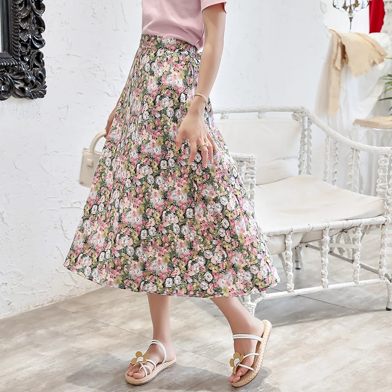 Женская юбка с цветочным принтом летняя и осенняя миди высокой талией