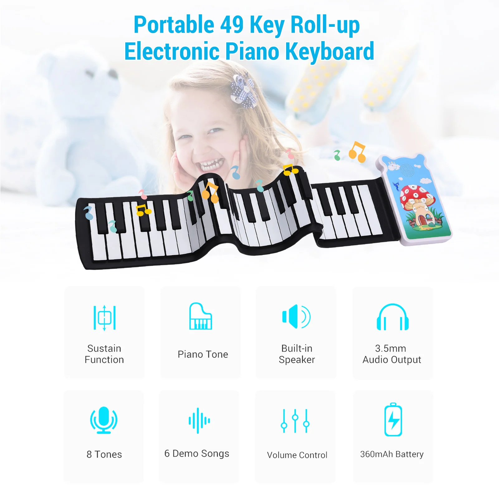 Складная электронная клавиатура для пианино 49 клавиш 8-тоновая 6-демо-запись