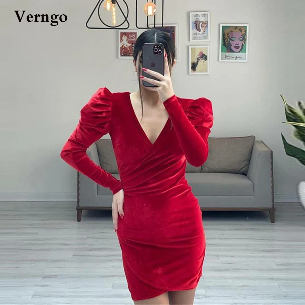 

Verngo Simple Velour Red Prom Dresses Long Sleeves V Neck Formal Party Gown Above Knee Length Women Cocktail Dress 2021