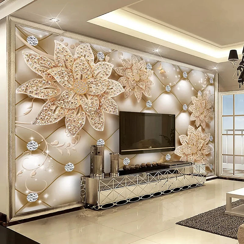 Papel tapiz fotográfico 3D personalizado, murales de joyería de flores de diamante, estilo europeo, para sala de estar, sofá, TV, fondo, papeles de pared, decoración del hogar 3D
