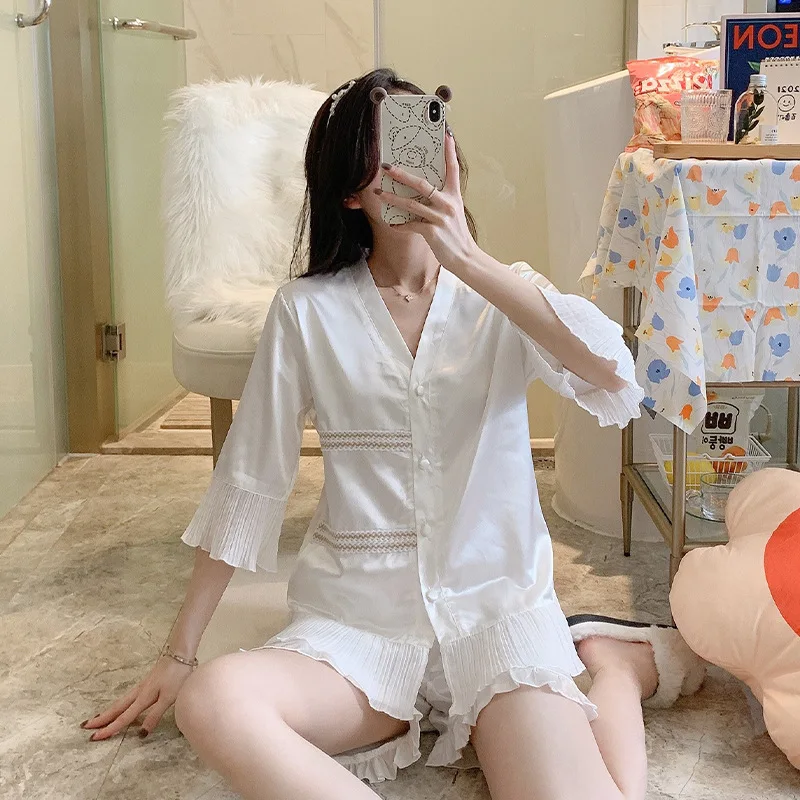 2021 Summer New South Korea Ice Silk Matte Silk Shorts Pajamas Women's 2Pcs Suit Comfortable Home Clothes Sleepwear Nightwear