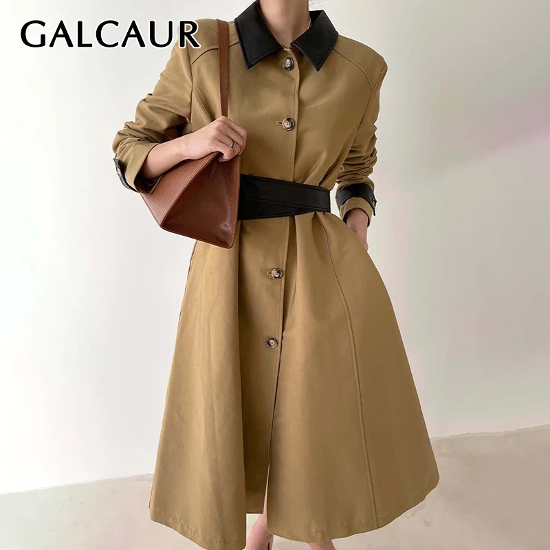 

GALCAUR Patchwork Colorblock Trench Coat For Women Lapel Collar Long Sleeve Straight Coats Female Korean Fashion Clothing Autumn